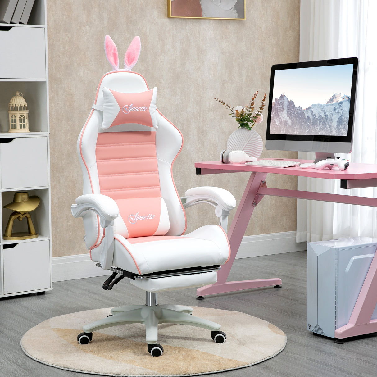 Faux Leather Gaming Chair 65cm Wide With Headrest And Removable Rabbit Ears - Velmora