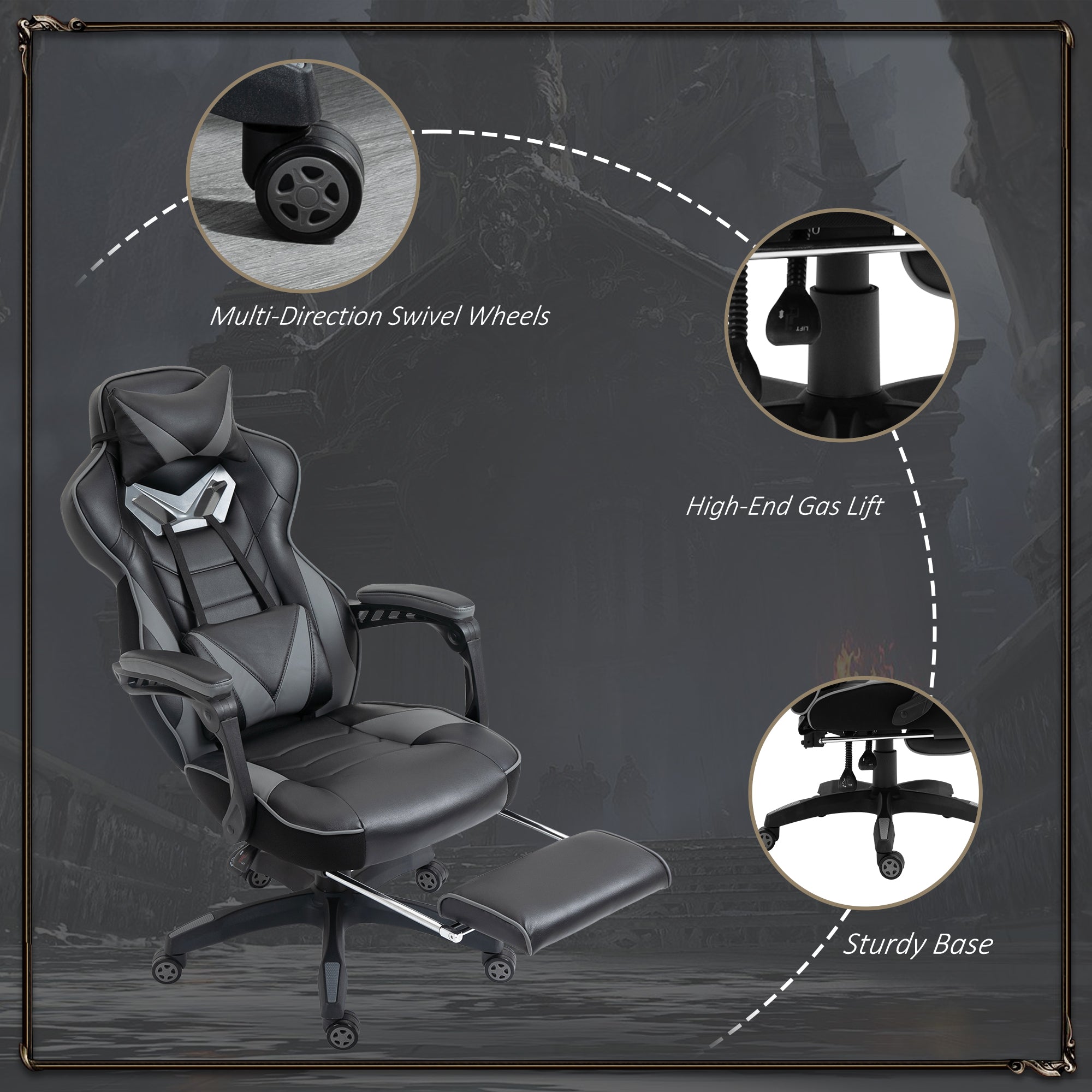 Faux Leather Gaming Chair 65cm Wide With Headrest And Swivel Wheels - Velmora