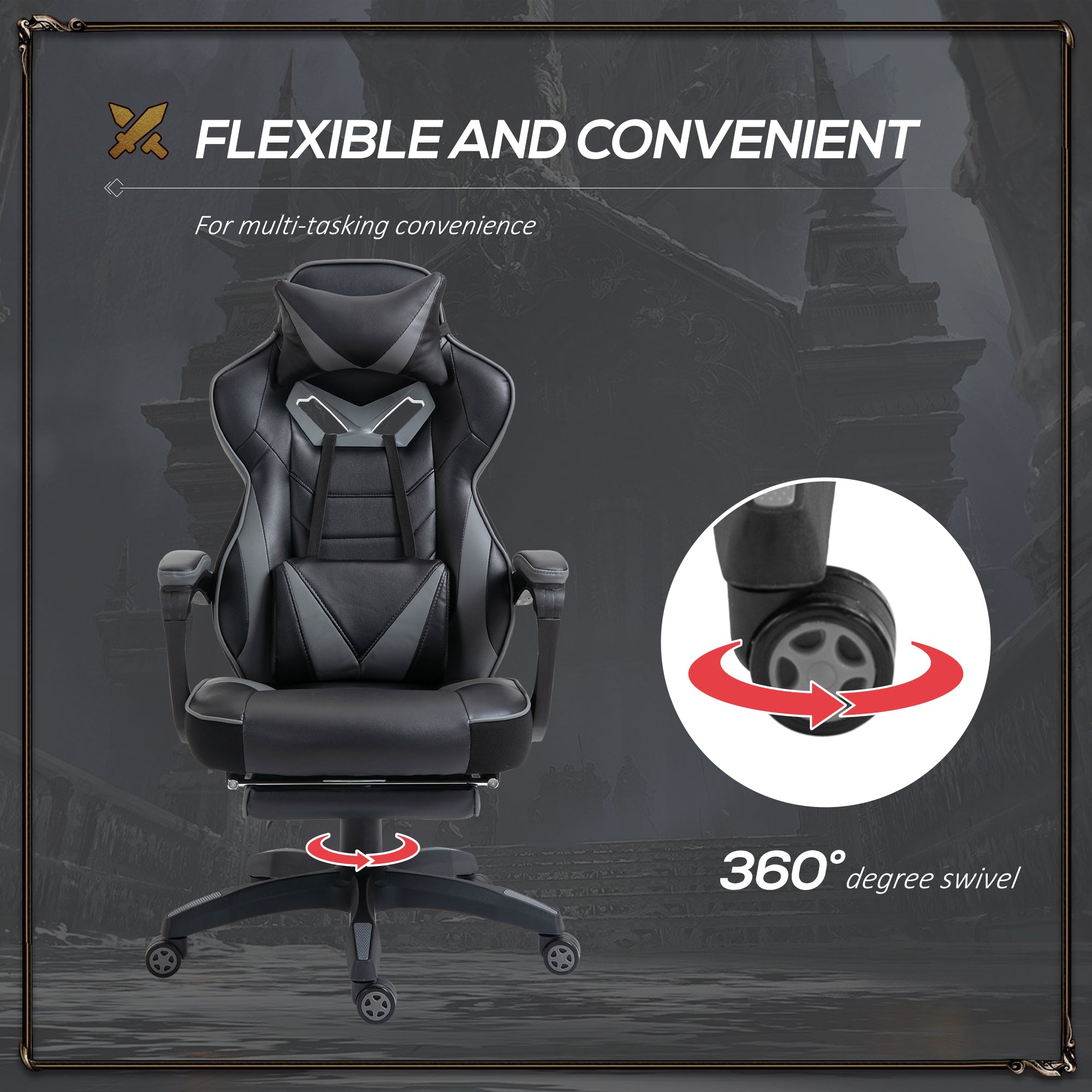 Faux Leather Gaming Chair 65cm Wide With Headrest And Swivel Wheels - Velmora