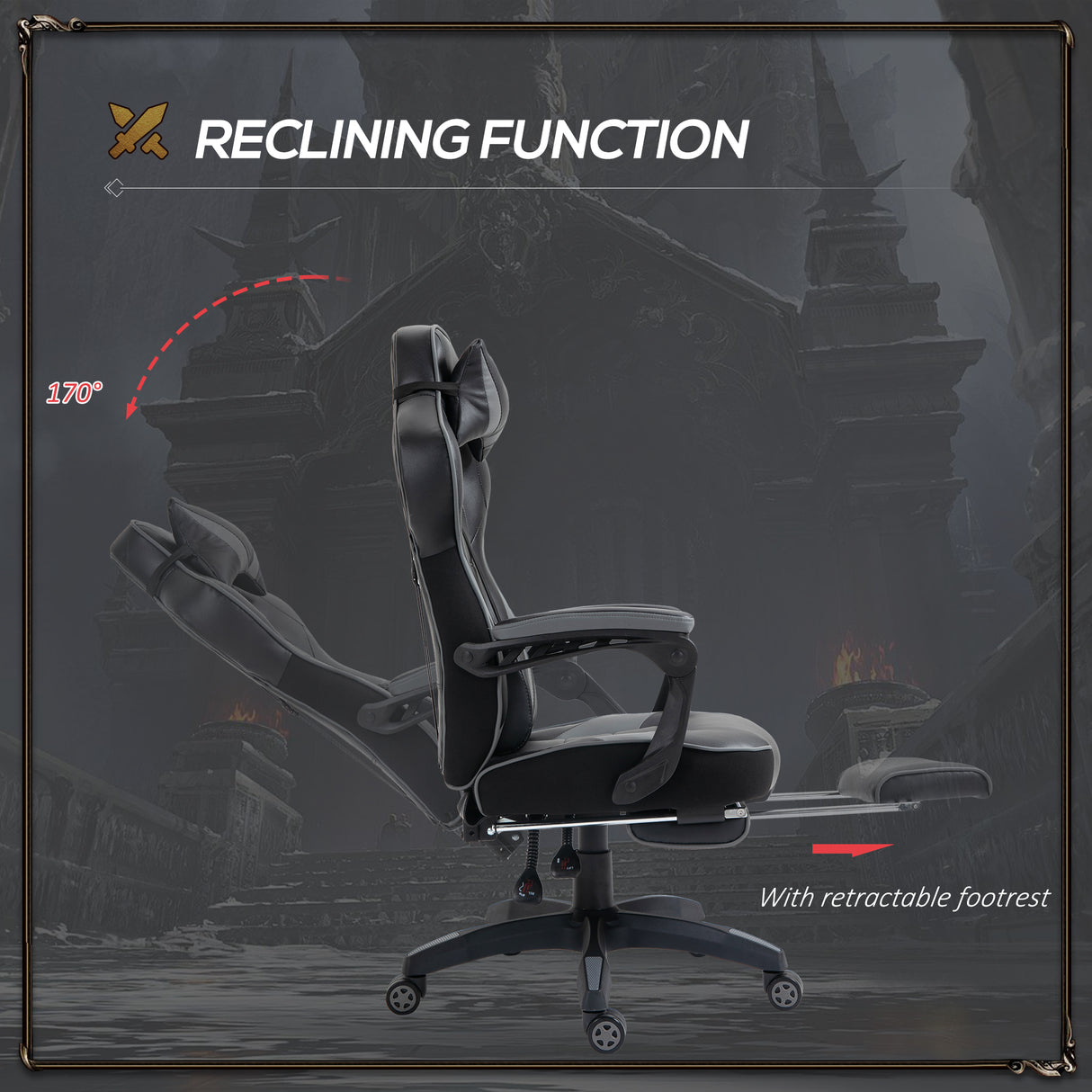 Faux Leather Gaming Chair 65cm Wide With Headrest And Swivel Wheels - Velmora