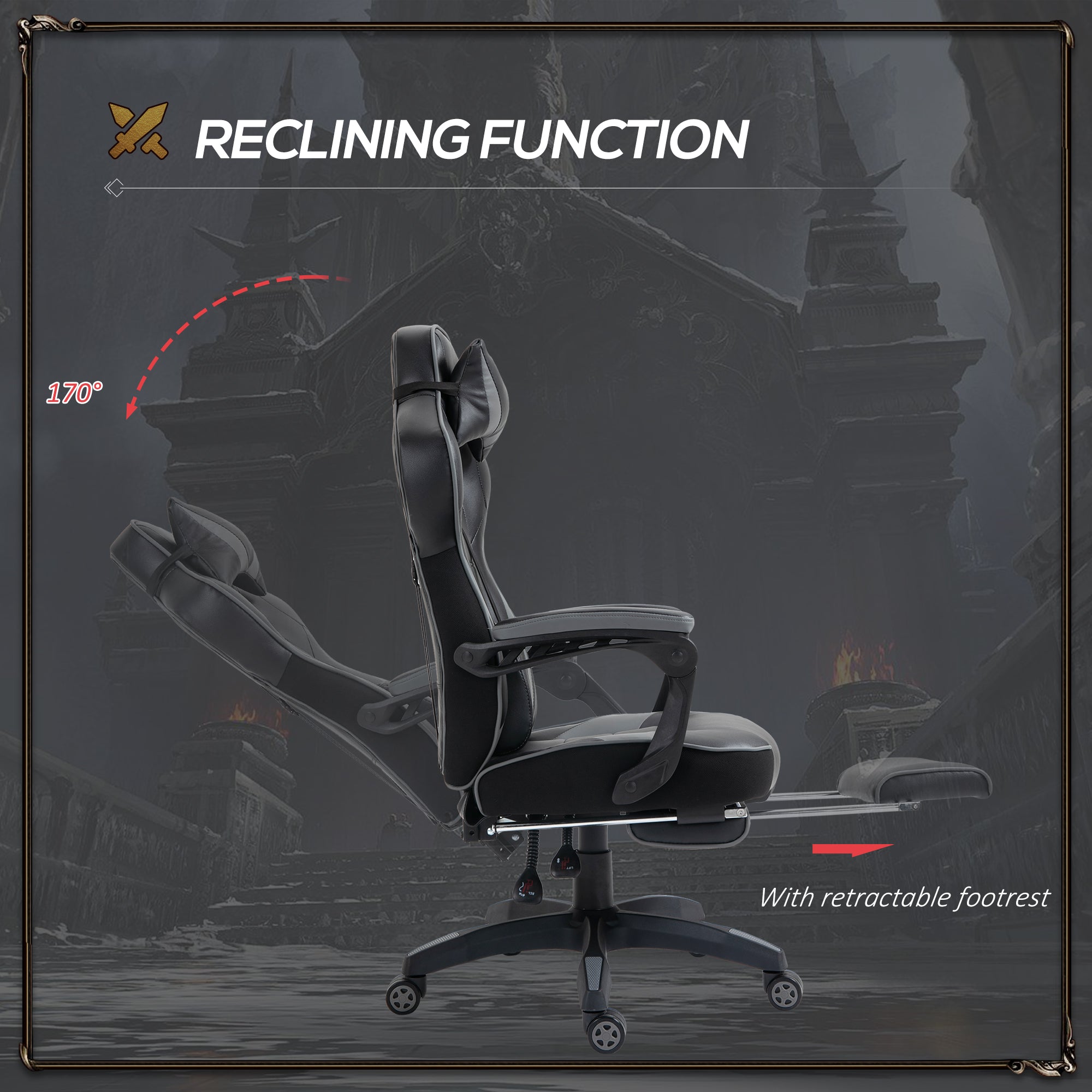 Faux Leather Gaming Chair 65cm Wide With Headrest And Swivel Wheels - Velmora