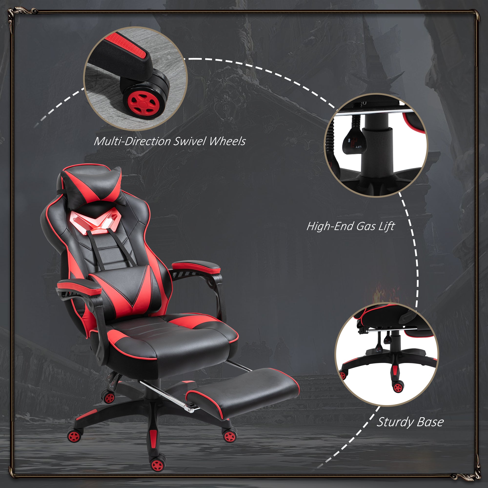 Faux Leather Gaming Chair 65cm Wide With Headrest And Swivel Wheels - Velmora