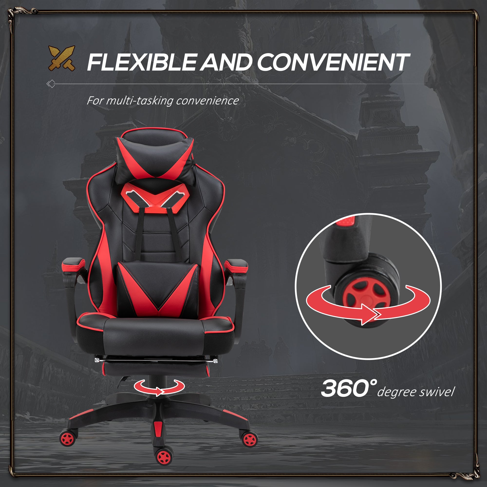 Faux Leather Gaming Chair 65cm Wide With Headrest And Swivel Wheels - Velmora