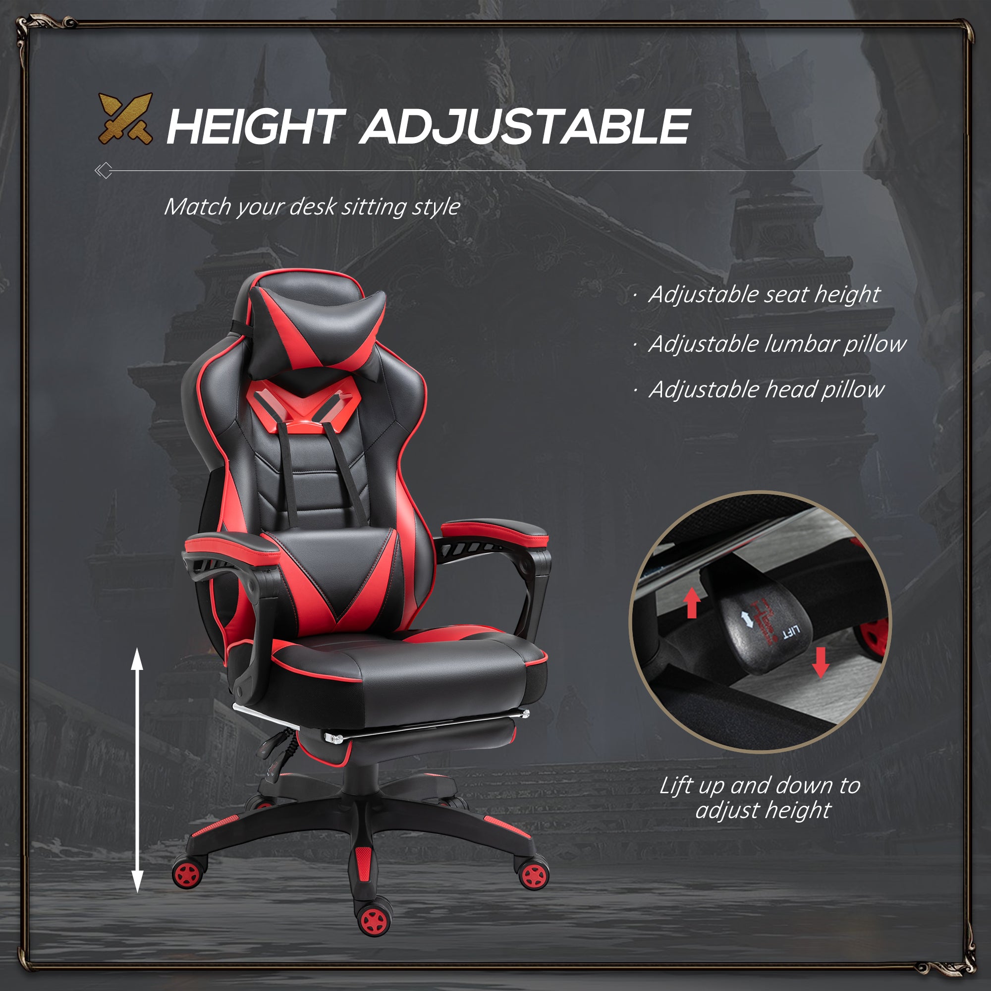Faux Leather Gaming Chair 65cm Wide With Headrest And Swivel Wheels - Velmora