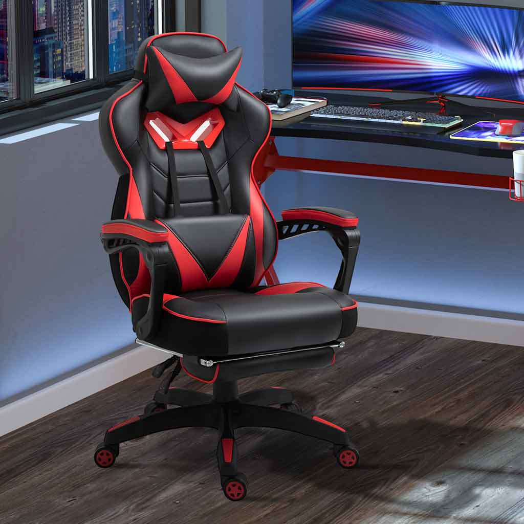 Faux Leather Gaming Chair 65cm Wide With Headrest And Swivel Wheels - Velmora