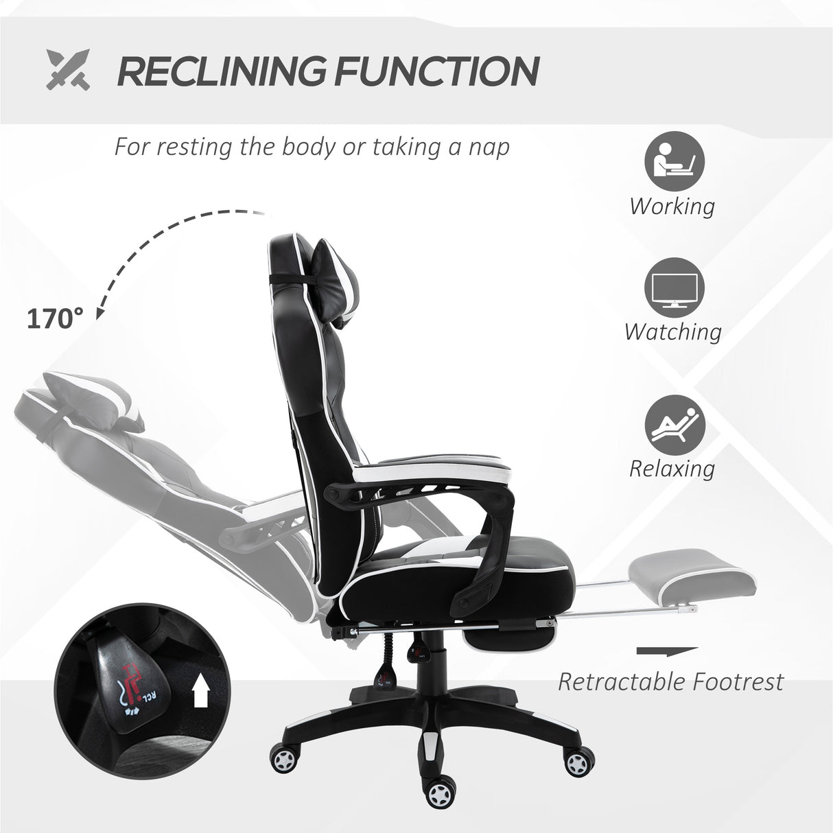 Faux Leather Gaming Chair 65cm Wide With Headrest And Swivel Wheels - Velmora