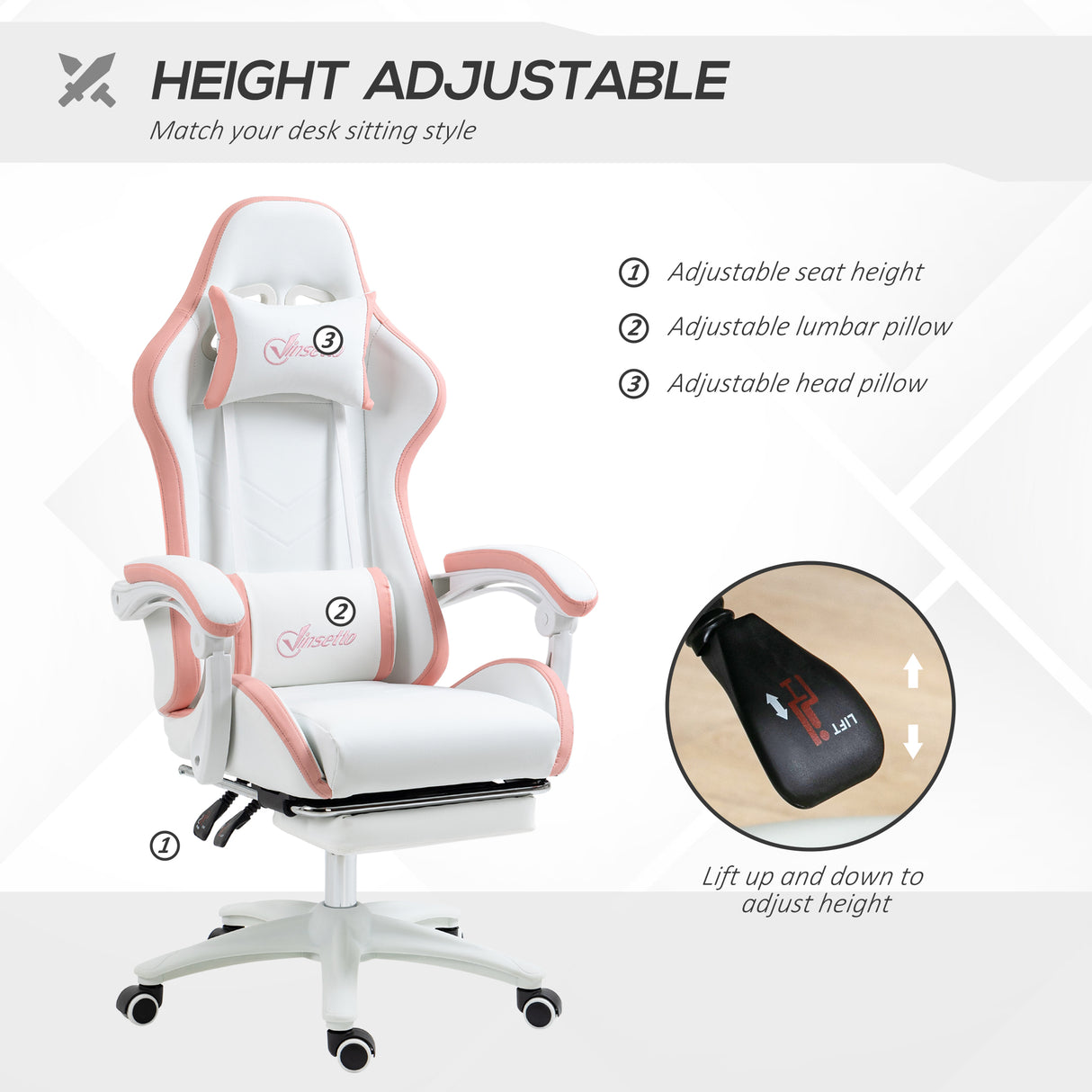Faux Leather Gaming Chair 65cm Wide With Headrest - Velmora