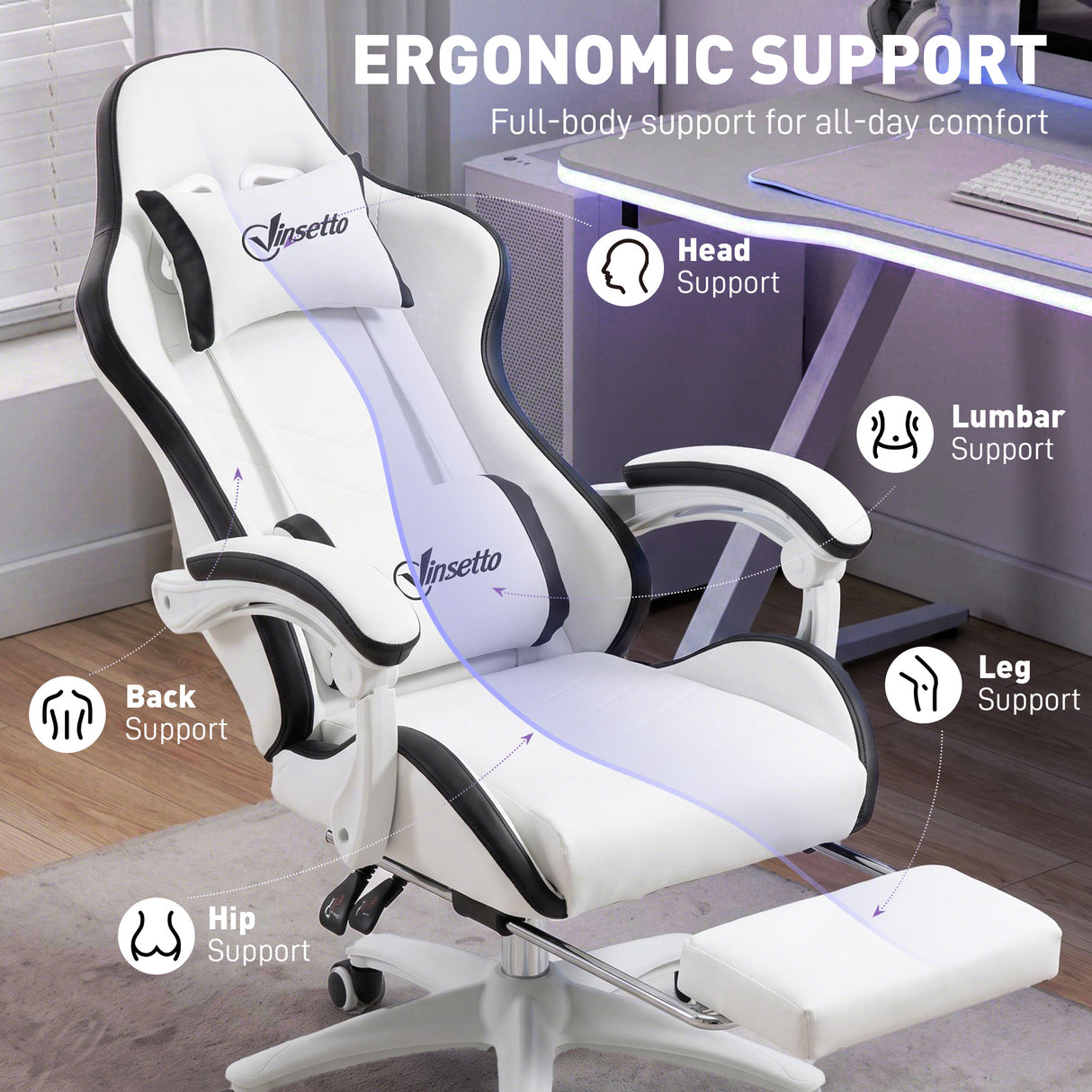 Faux Leather Gaming Chair 65cm Wide With Headrest - Velmora