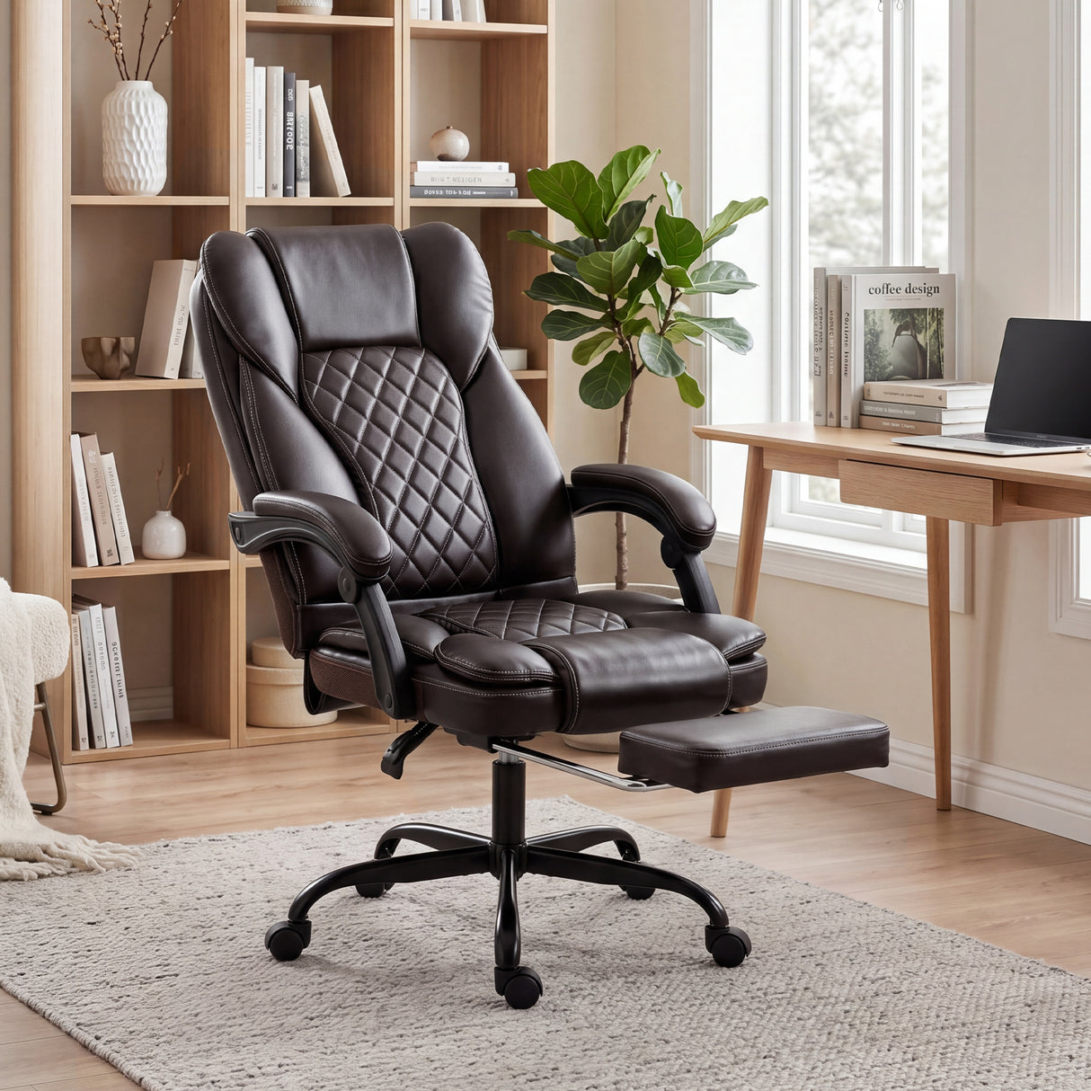 Faux Leather Home And Office Chair 62cm Wide High Back With Footrest - Velmora