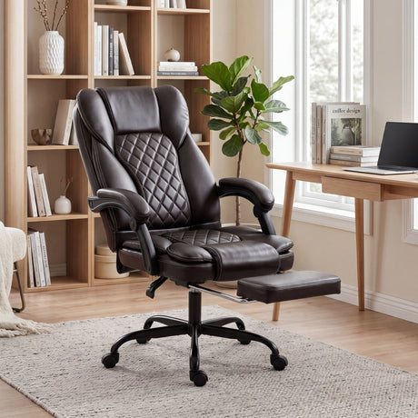 Faux Leather Home And Office Chair 62cm Wide High Back With Footrest - Velmora