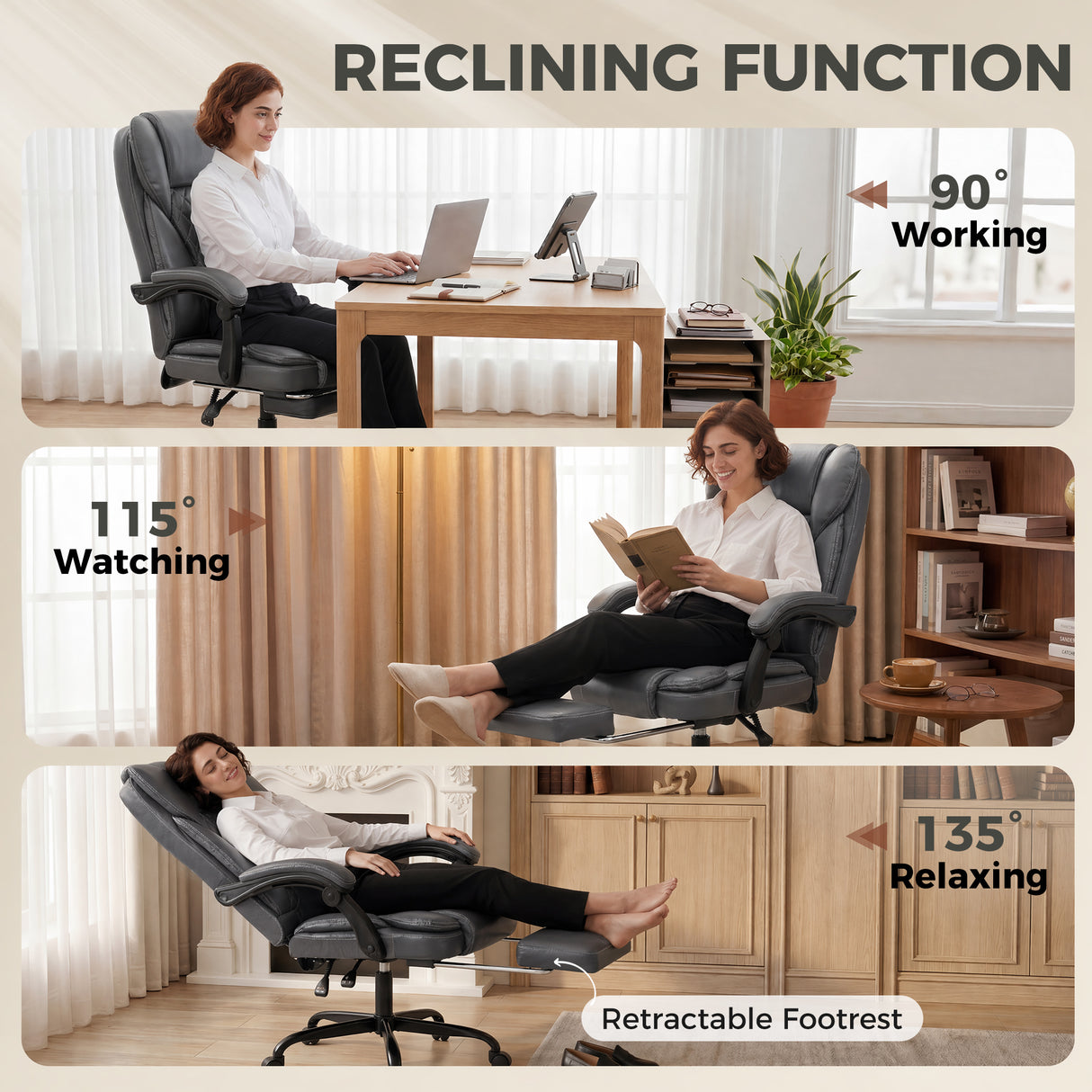 Faux Leather Home And Office Chair 62cm Wide High Back With Footrest - Velmora