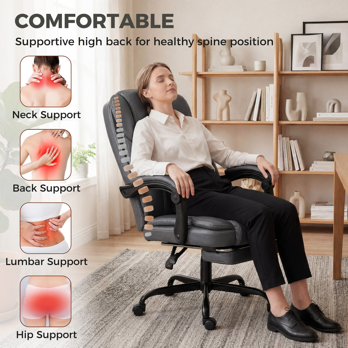 Faux Leather Home And Office Chair 62cm Wide High Back With Footrest - Velmora