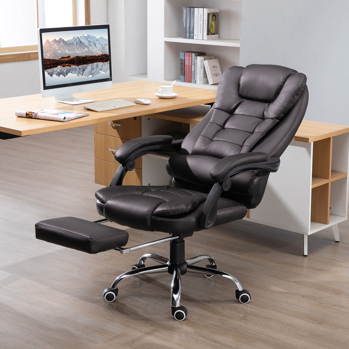 Faux Leather Home And Office Chair 64.5cm Wide With Footrest - Velmora