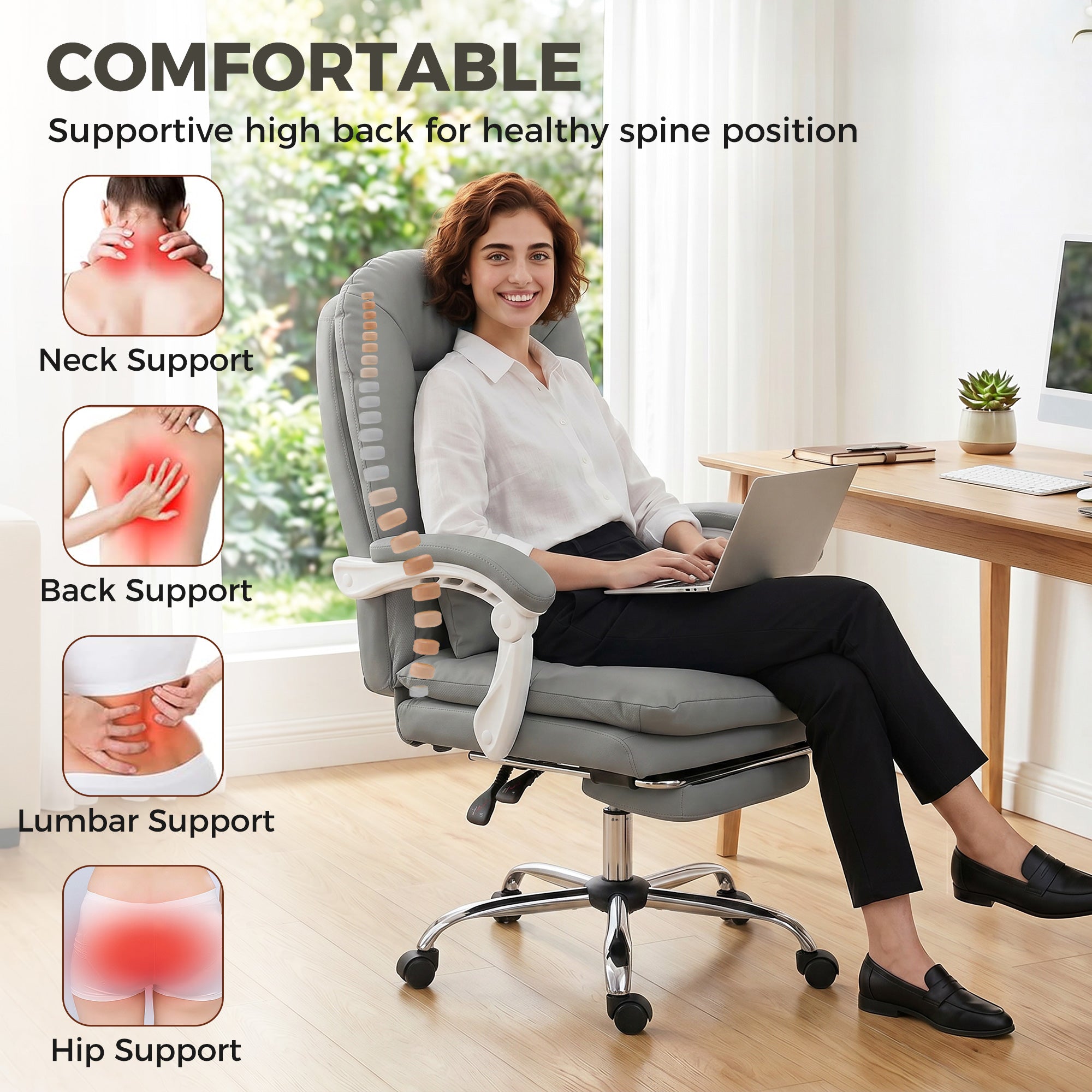 Faux Leather Home And Office Chair 64cm Wide With Footrest And Lumbar Support - Velmora