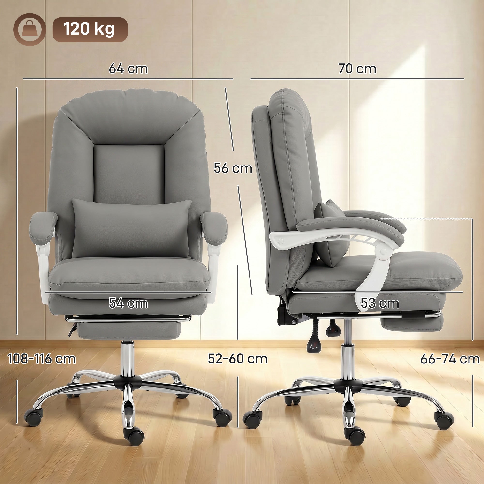 Faux Leather Home And Office Chair 64cm Wide With Footrest And Lumbar Support - Velmora