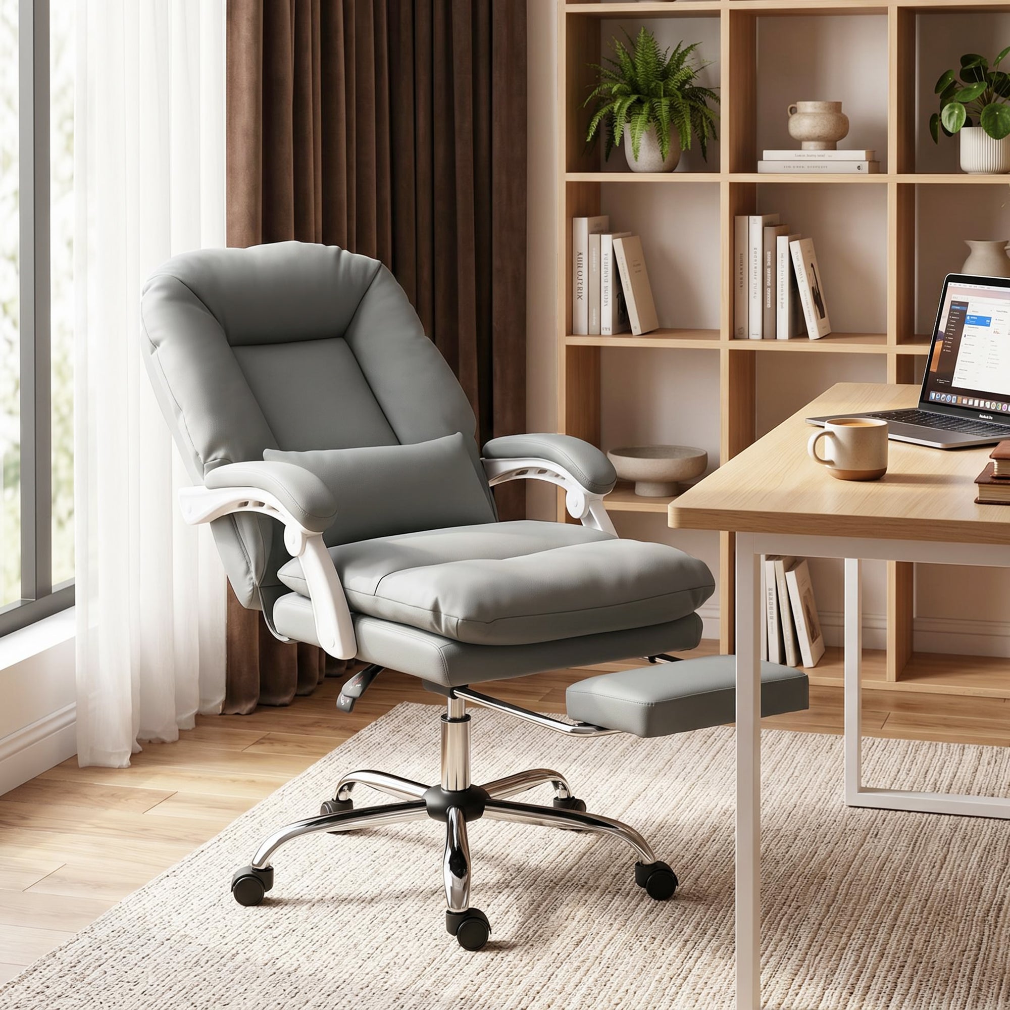 Faux Leather Home And Office Chair 64cm Wide With Footrest And Lumbar Support - Velmora