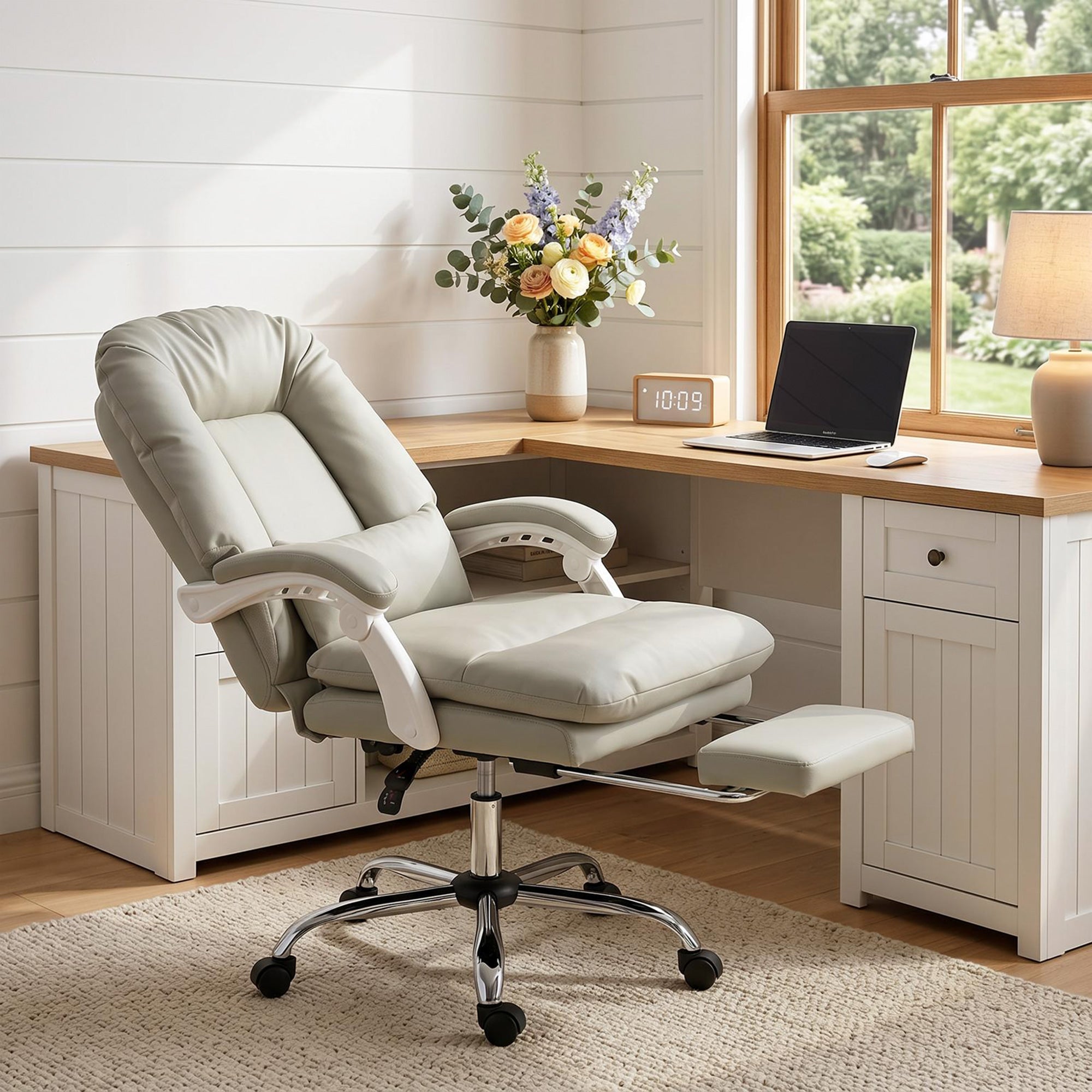 Faux Leather Home And Office Chair 64cm Wide With Footrest And Lumbar Support - Velmora