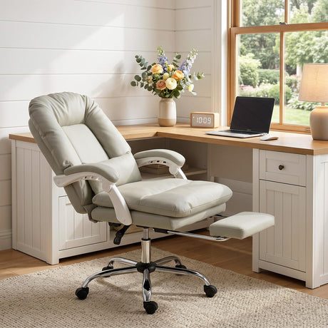Faux Leather Home And Office Chair 64cm Wide With Footrest And Lumbar Support - Velmora