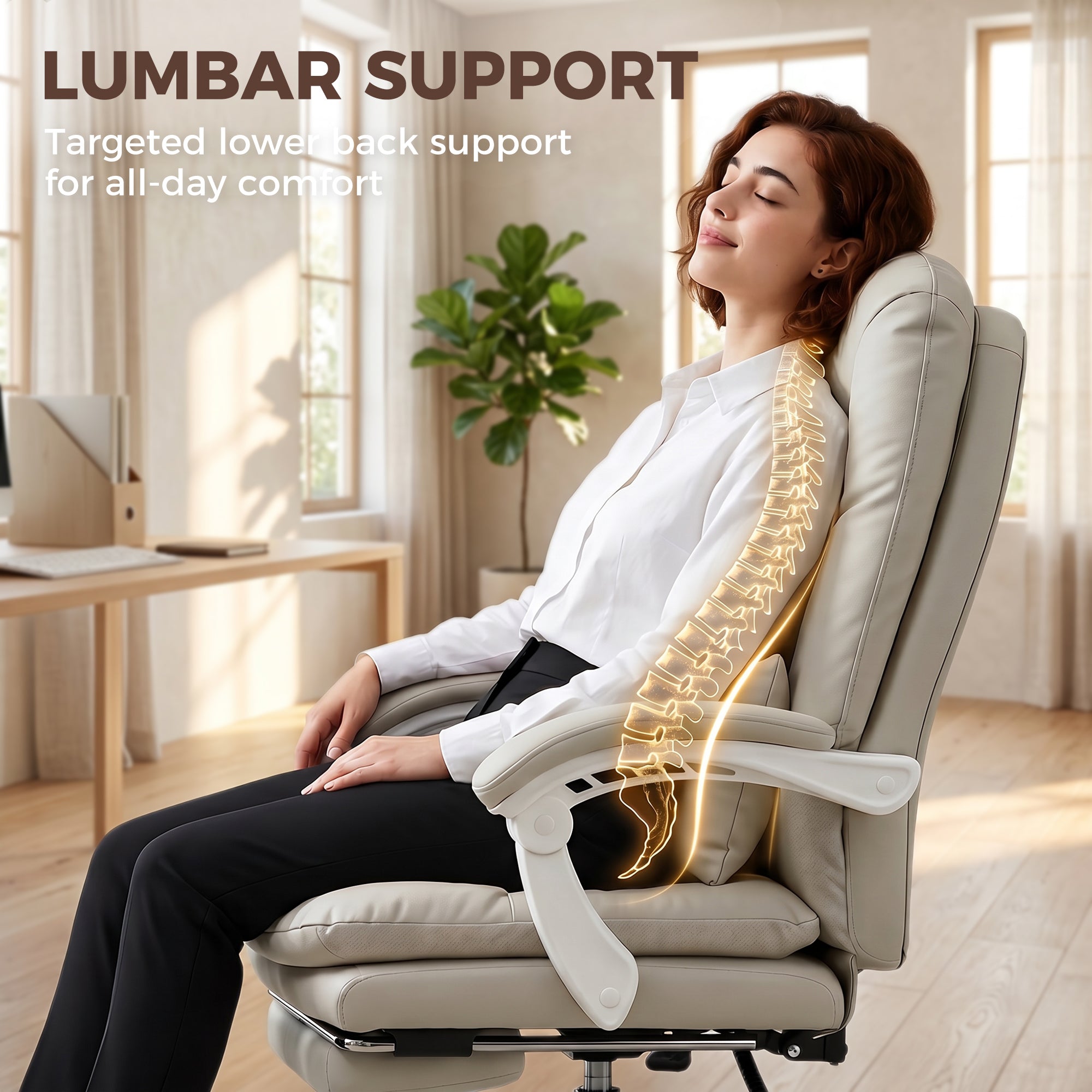 Faux Leather Home And Office Chair 64cm Wide With Footrest And Lumbar Support - Velmora