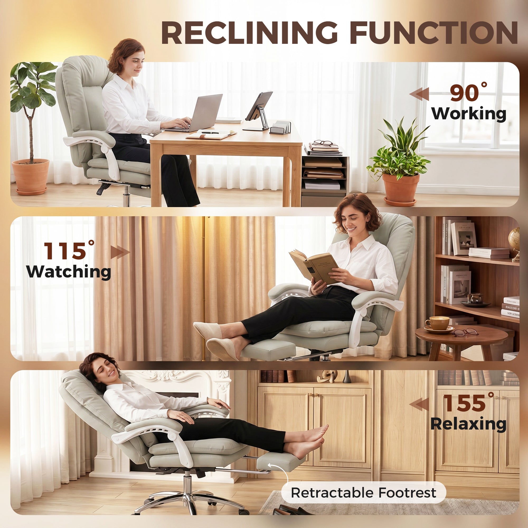 Faux Leather Home And Office Chair 64cm Wide With Footrest And Lumbar Support - Velmora