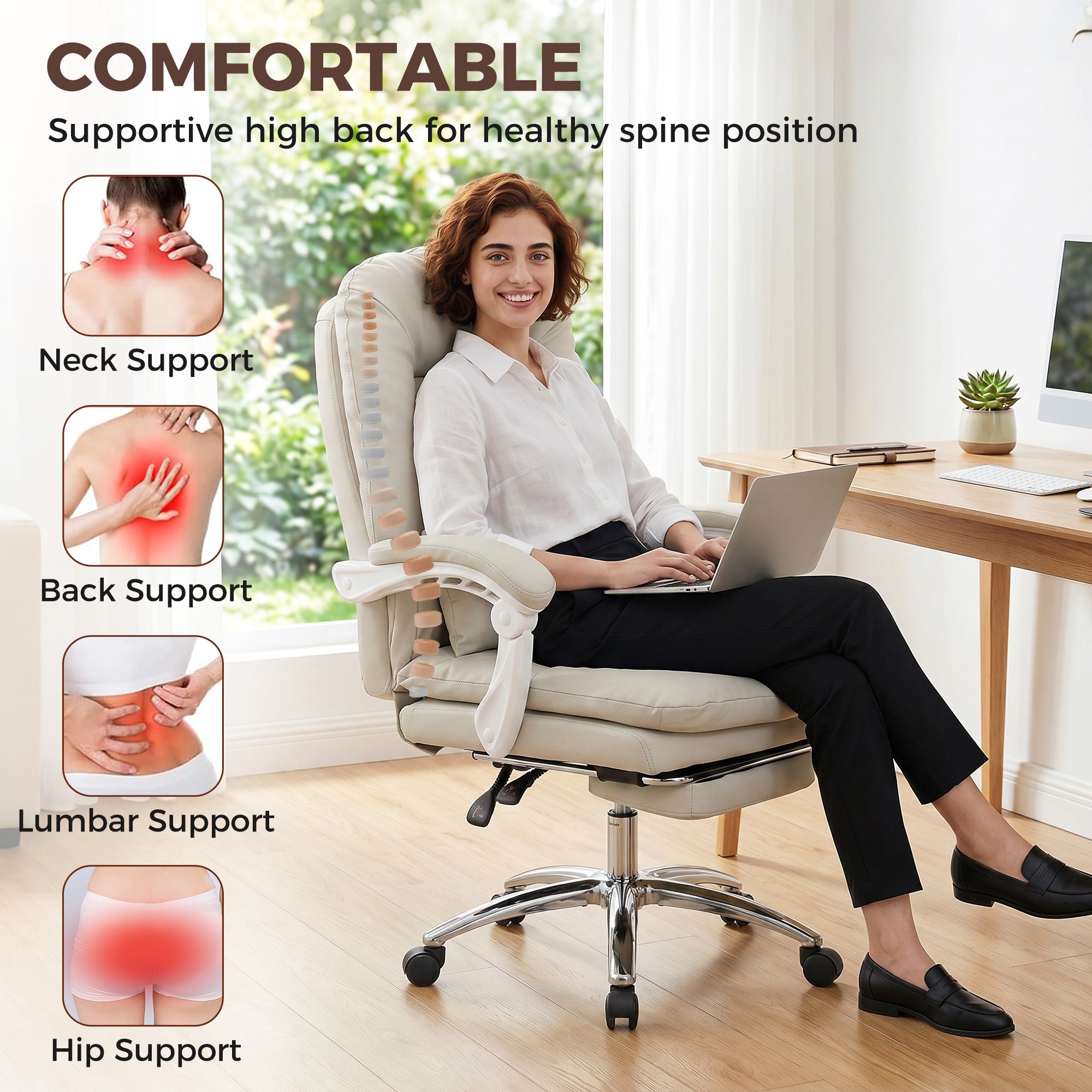 Faux Leather Home And Office Chair 64cm Wide With Footrest And Lumbar Support - Velmora