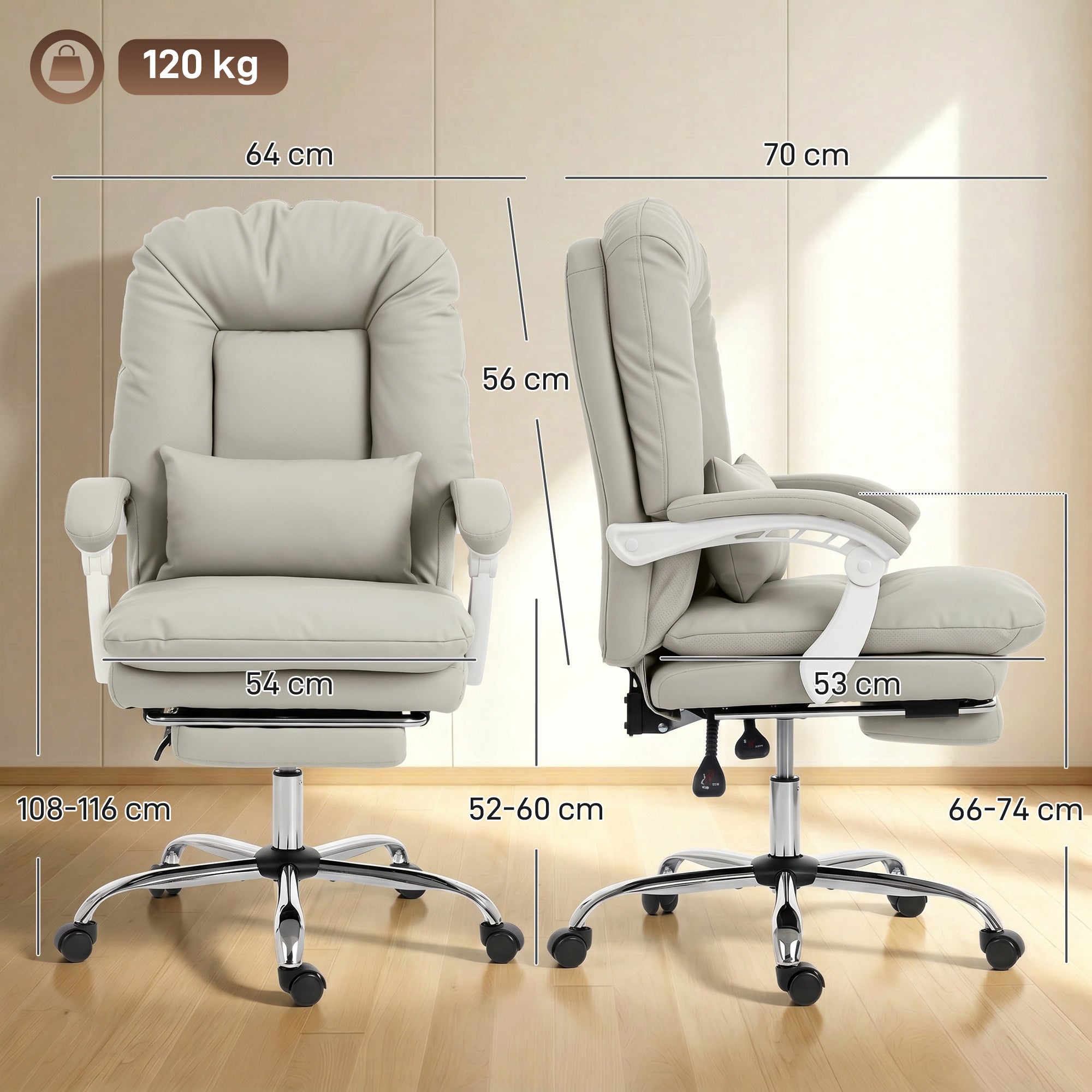 Faux Leather Home And Office Chair 64cm Wide With Footrest And Lumbar Support - Velmora