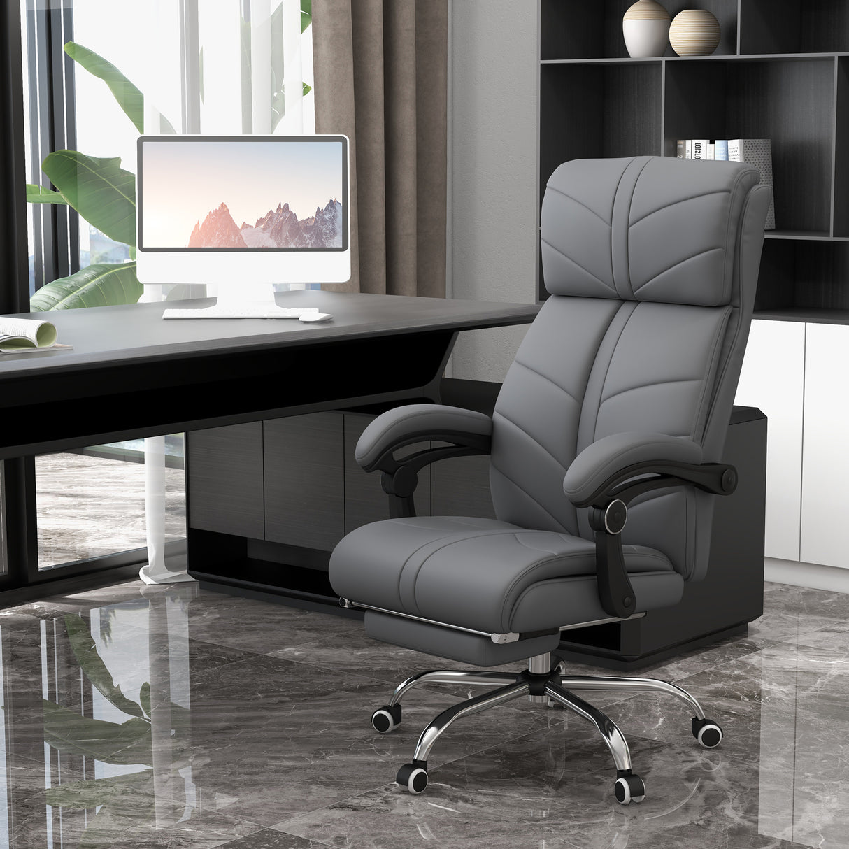 Faux Leather Home And Office Chair 64cm Wide With Footrest - Velmora