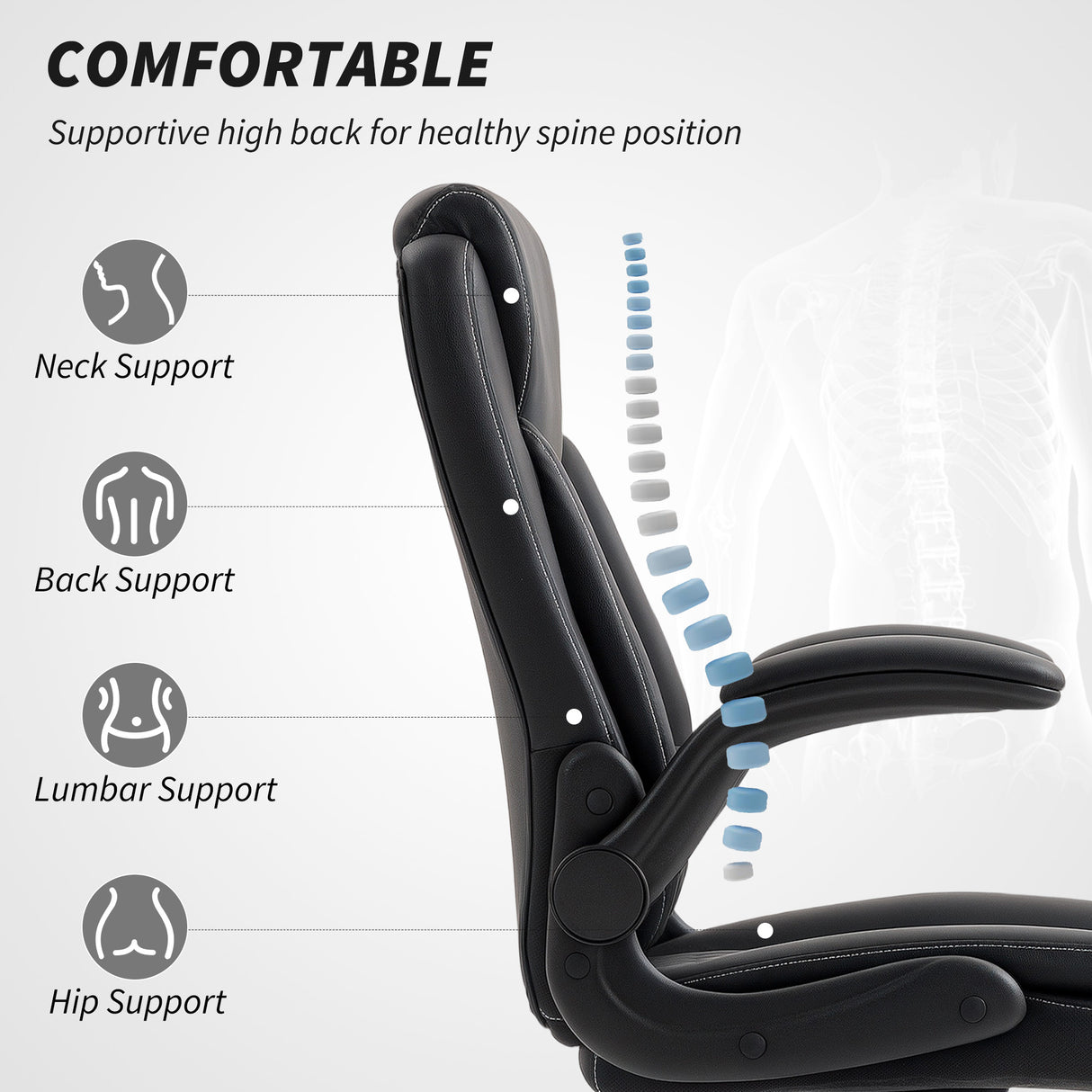 Faux Leather Home And Office Chair 65cm Wide With Flip Up Armrest - Velmora