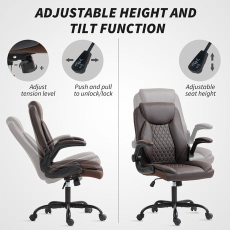 Faux Leather Home And Office Chair 65cm Wide With Flip Up Armrest - Velmora