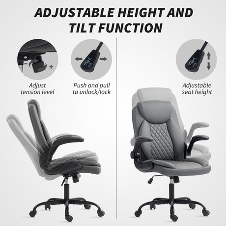 Faux Leather Home And Office Chair 65cm Wide With Flip Up Armrest - Velmora
