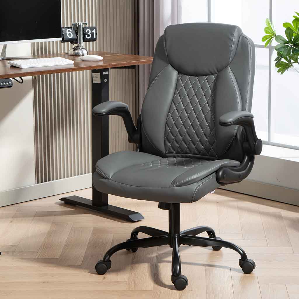 Faux Leather Home And Office Chair 65cm Wide With Flip Up Armrest - Velmora