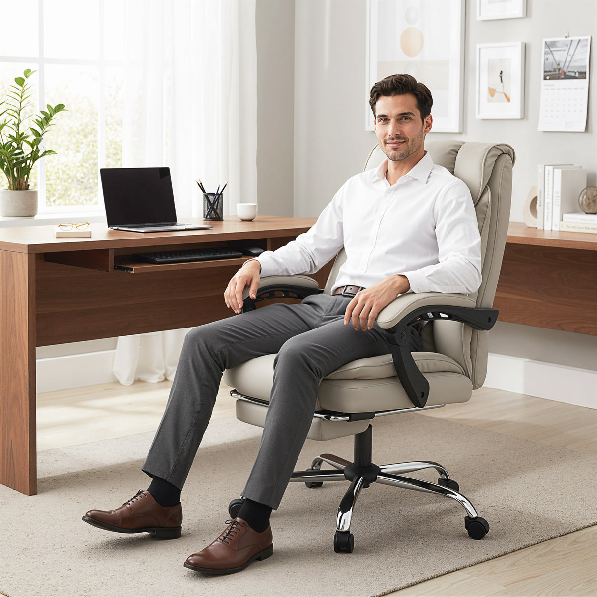 Faux Leather Home And Office Chair 66cm Wide With Footrest And Double Layer Padding - Velmora