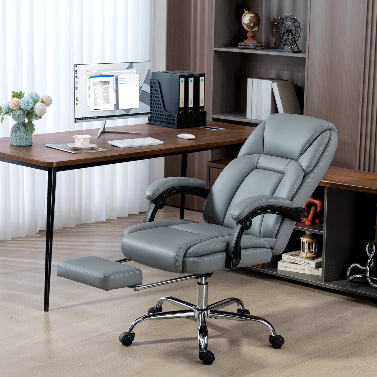 Faux Leather Home And Office Chair 66cm Wide With Footrest And Wheels - Velmora