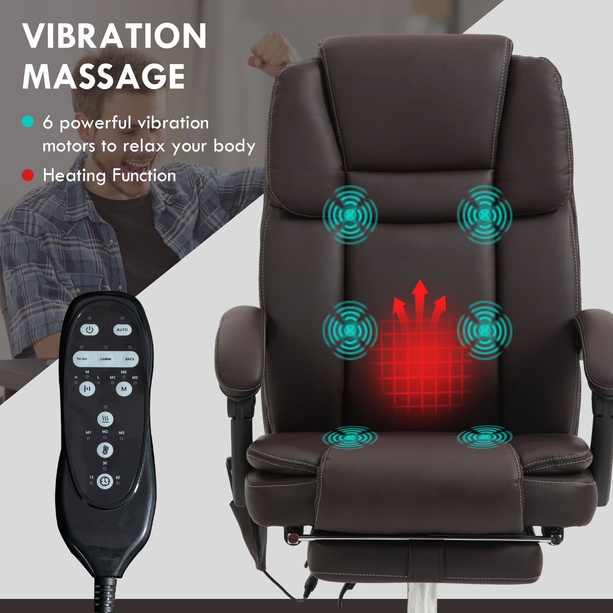 Faux Leather Home And Office Chair 66cm Wide With 6 Point Vibrating Massage - Velmora