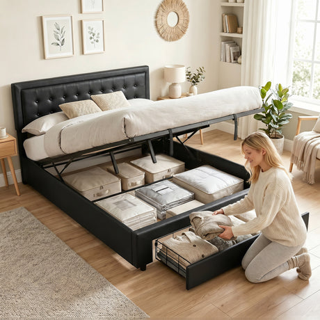 Faux Leather King Size Ottoman Storage Bed 157.5cm Wide With Front Drawer - Velmora