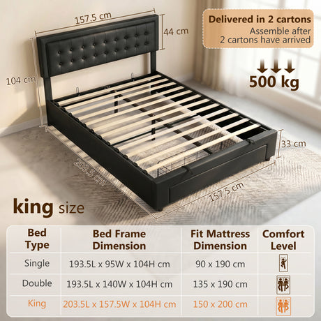 Faux Leather King Size Ottoman Storage Bed 157.5cm Wide With Front Drawer - Velmora