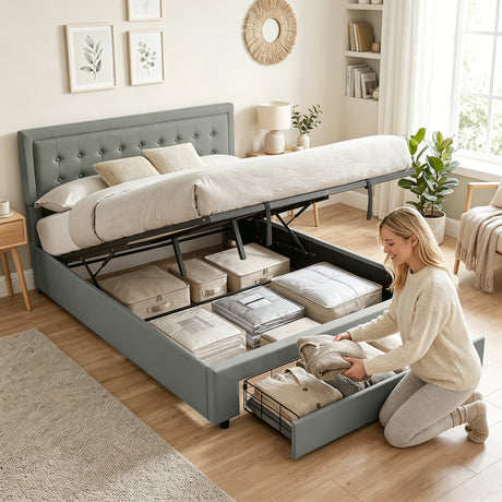 Faux Leather King Size Ottoman Storage Bed 157.5cm Wide With Front Drawer - Velmora