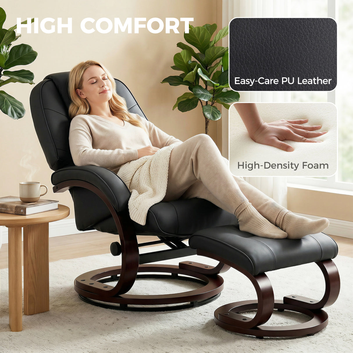 Faux Leather Recliner Chair 66cm Wide With Footstool - Velmora