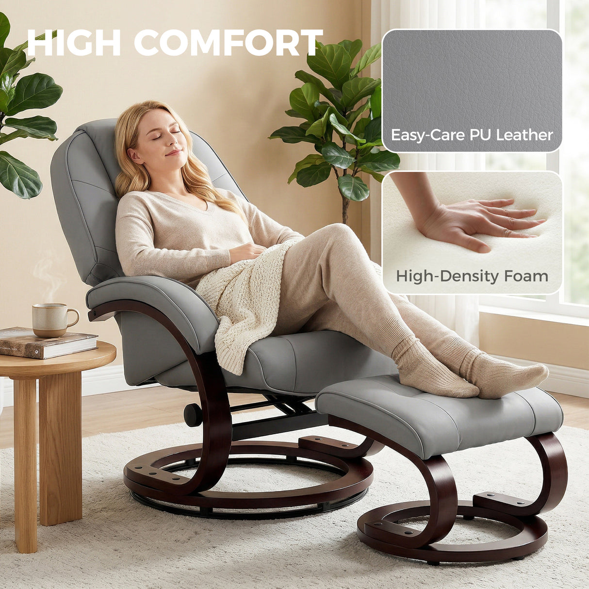 Faux Leather Recliner Chair 66cm Wide With Footstool - Velmora
