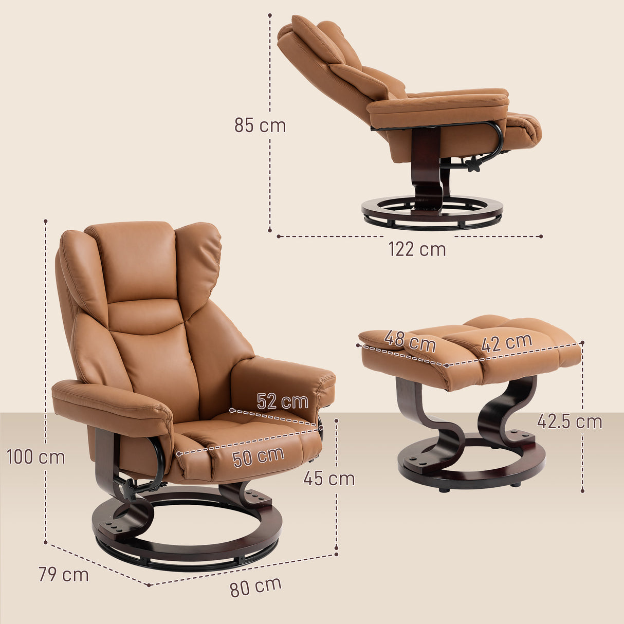 Faux Leather Recliner Chair 80cm Wide With Footstool And Metal Base - Velmora