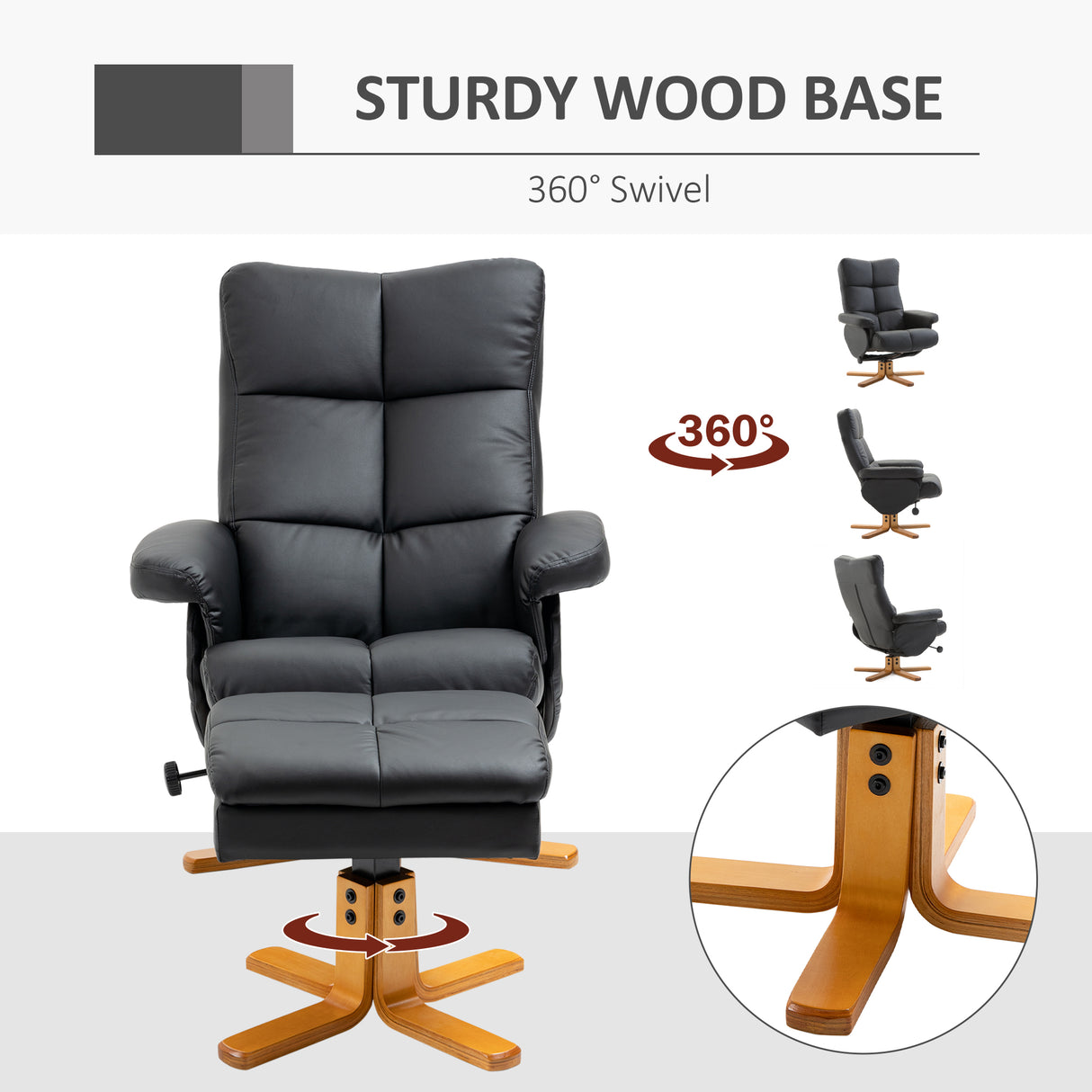 Faux Leather Recliner Chair 80cm Wide With Footstool And Wooden Base - Velmora