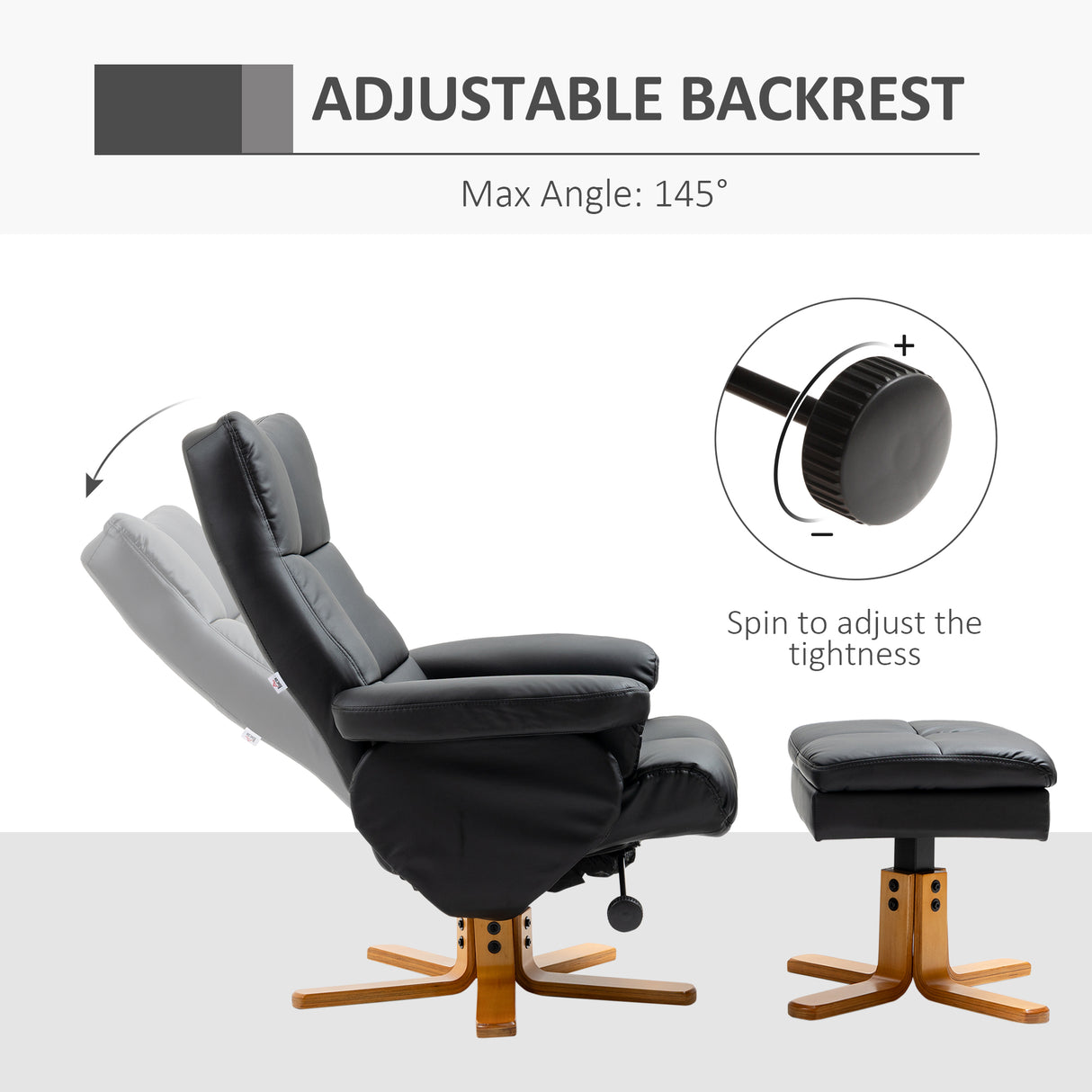 Faux Leather Recliner Chair 80cm Wide With Footstool And Wooden Base - Velmora