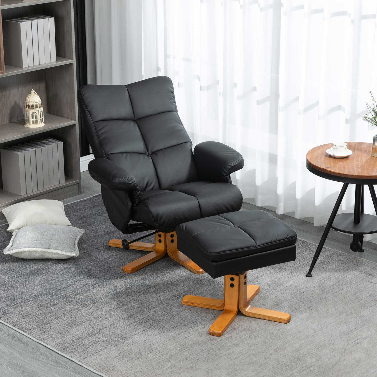 Faux Leather Recliner Chair 80cm Wide With Footstool And Wooden Base - Velmora
