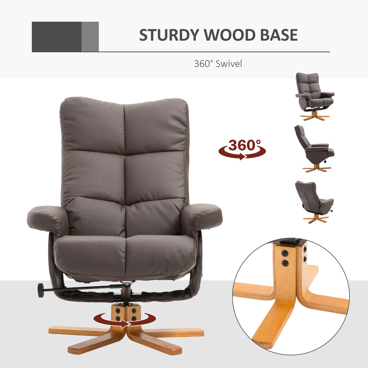 Faux Leather Recliner Chair 80cm Wide With Footstool And Wooden Base - Velmora
