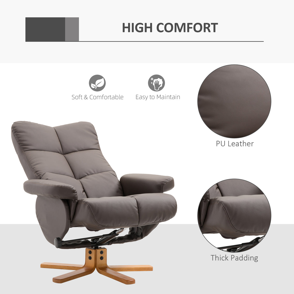 Faux Leather Recliner Chair 80cm Wide With Footstool And Wooden Base - Velmora