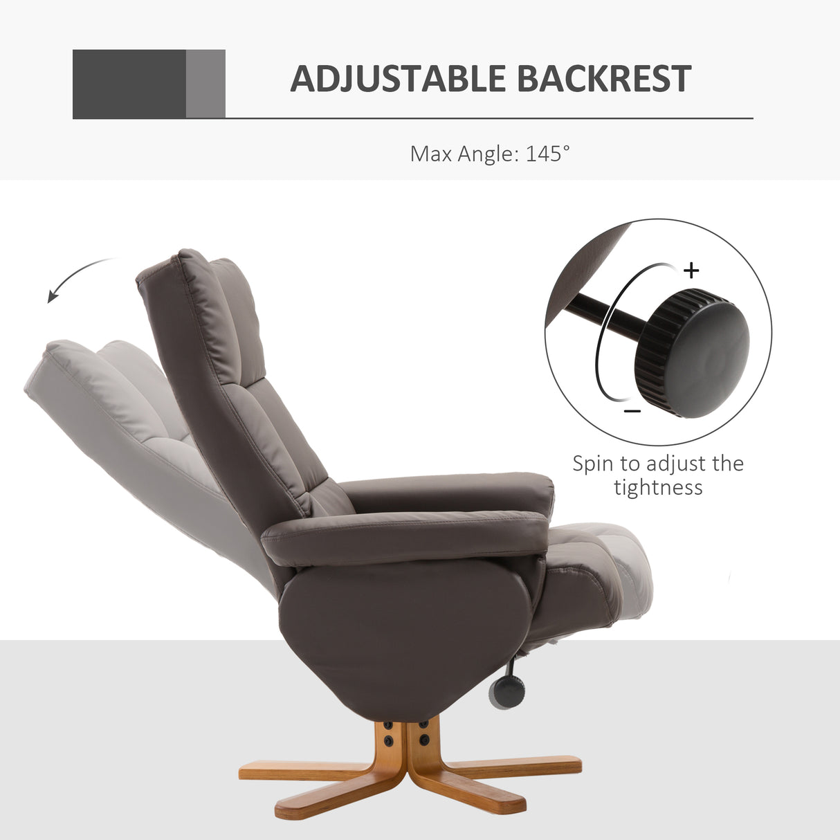 Faux Leather Recliner Chair 80cm Wide With Footstool And Wooden Base - Velmora