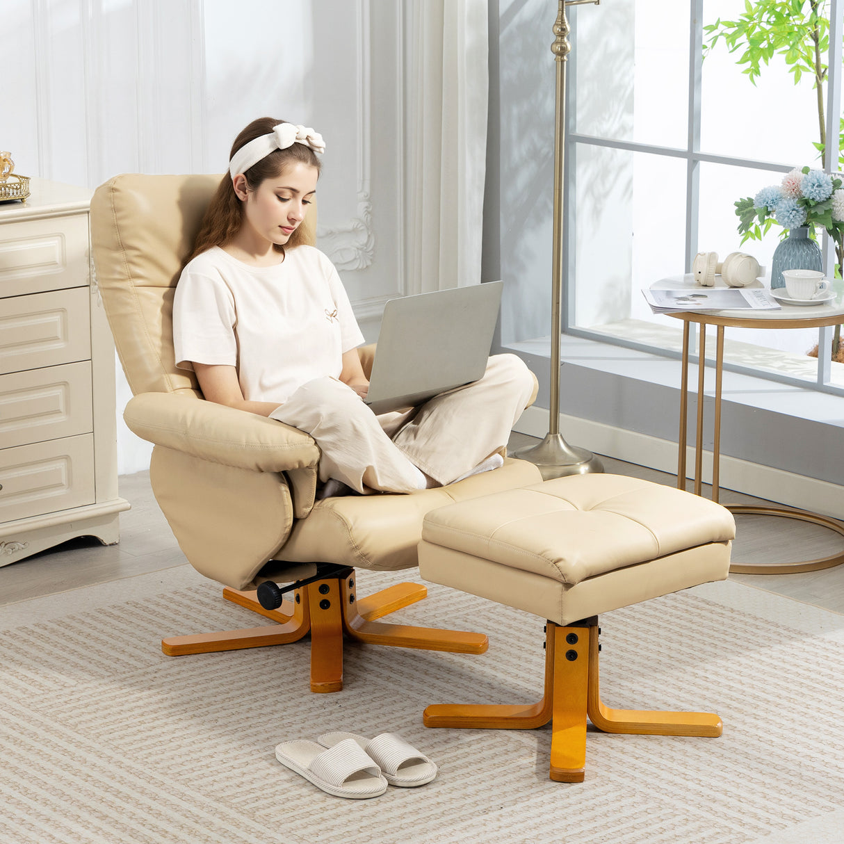 Faux Leather Recliner Chair 80cm Wide With Footstool And Wooden Base - Velmora