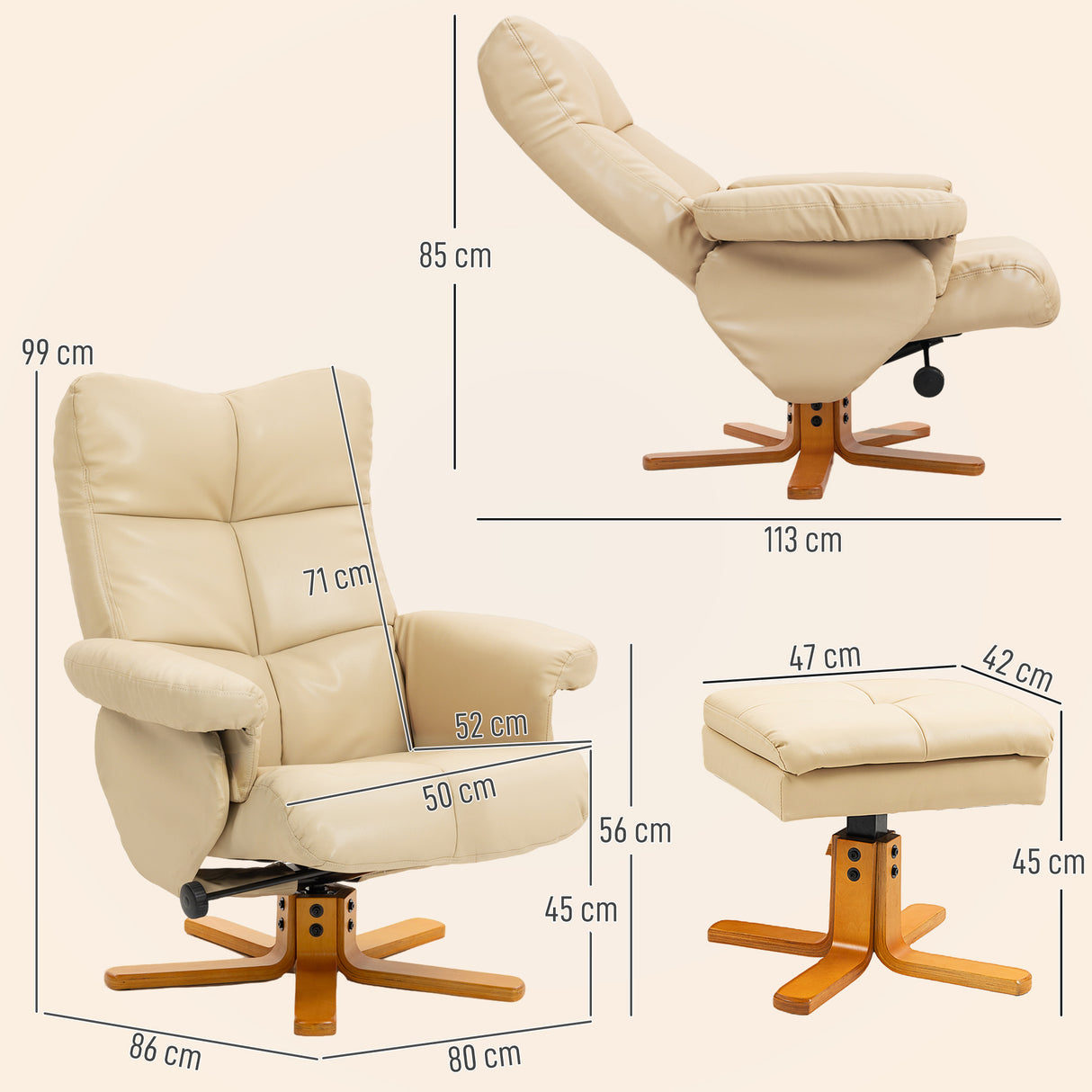 Faux Leather Recliner Chair 80cm Wide With Footstool And Wooden Base - Velmora