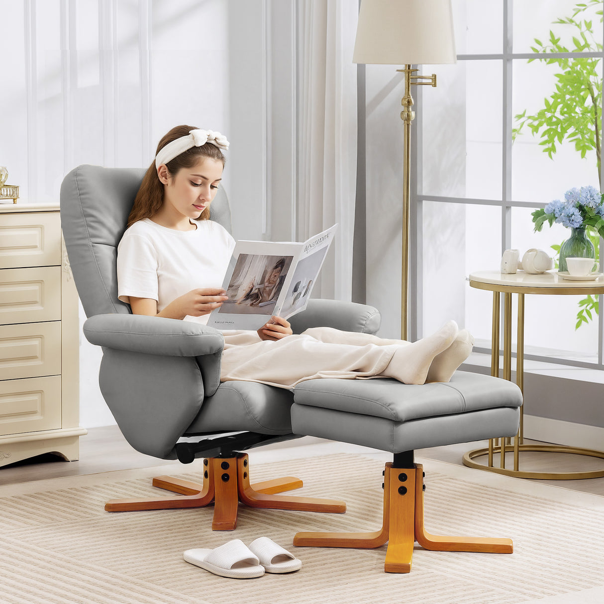 Faux Leather Recliner Chair 80cm Wide With Footstool And Wooden Base - Velmora