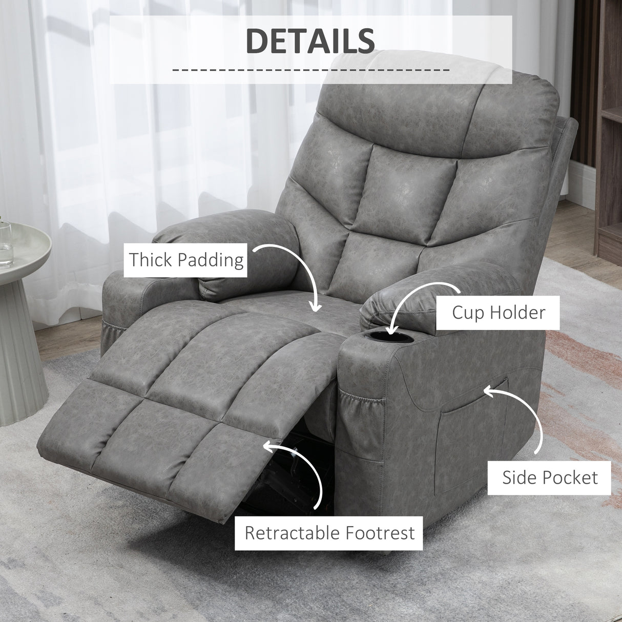 Faux Leather Recliner Chair 86cm Wide With Footrest And 2 Cup Holders - Velmora
